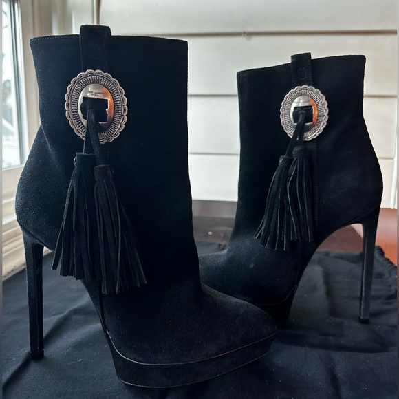 YSL Saint Laurent Janis Western Buckle Concho Ankle Boots Booties Black Suede - Picture 5 of 8